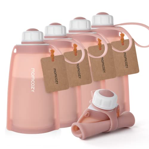 No Leak Momcozy Silicone Breastmilk Storage Bags, Reusable Breastmilk Freezer Storing Bags for Breastfeeding, 8.5oz/250ml Breast Milk Saver, Leakproof Baby Food Pouches, BPA Free (Bean Paste Color, 5pcs)
