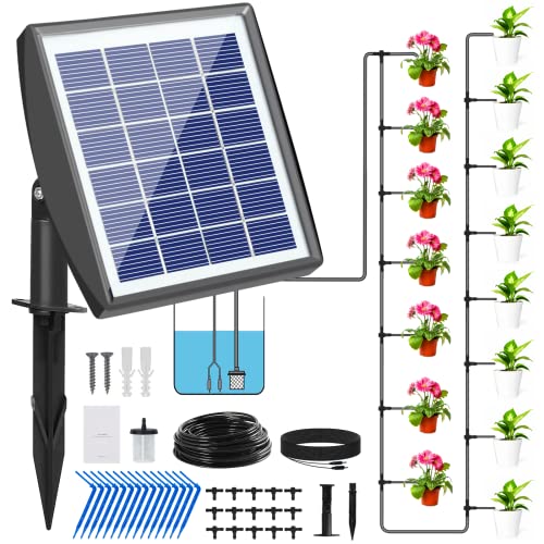 RISINGUP Solar Irrigation System,Drip Irrigation Kit Solar Powered Auto DIY Watering System Supported 15pots Solar Watering System Set, Garden Watering System With 6 Timing Modes for For Outdoor Garden , Vegetables And Conservatories