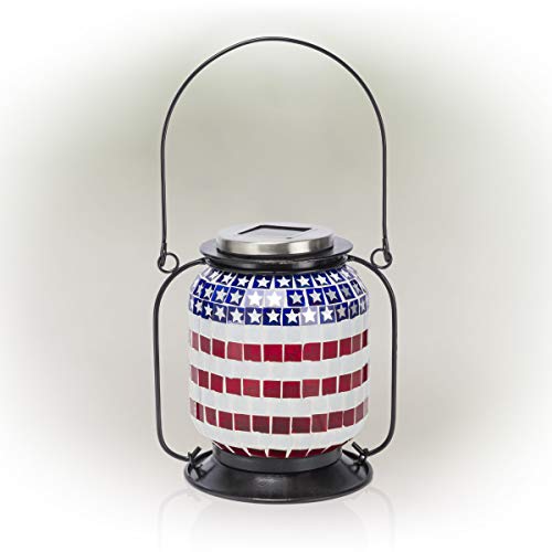 Alpine Corporation SLL2224SLR Alpine 7" Tall Hanging Solar Powered Patriotic Lantern with LED Outdoor Lighting, Red, White and Blue