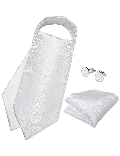 DiBanGu White Ascot Ties for Men Paisley Cravat for Men 100% Silk Woven Mens Cravat Tie and Pocket Square Set