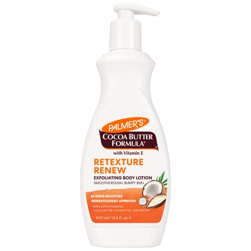 Palmer's Cocoa Butter Formula Retexture & Renew Exfoliating Body Lotion for Rough & Bumpy Skin, Triple Action Moisturizers + AHAs, Pump Bottle, 13.5 Ounce