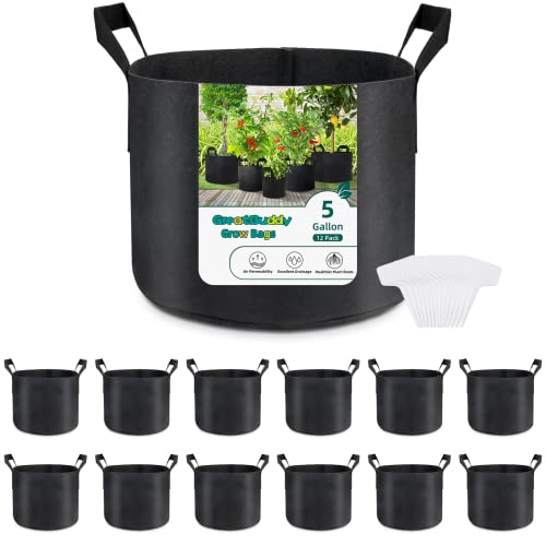 GreatBuddy 12-Pack Grow Bags 5 Gallon, Thick Fabric Planter Bags for Vegetables, Sturdy Handles & Reinforced Stitching, Labels Included, Black