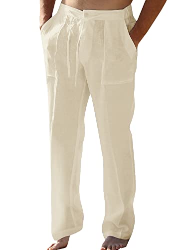 Enjoybuy Men's Linen Drawstring Beach Golf Elastic Waist Spring Long Casual Loose Summer Yoga Cotton Pants, 01-beige, Medium