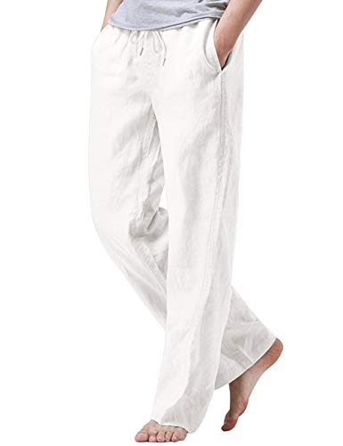 iWoo Mens Leisure Pants Elastic Waist with Fly Men Beach Pants Linen Tall White XL
