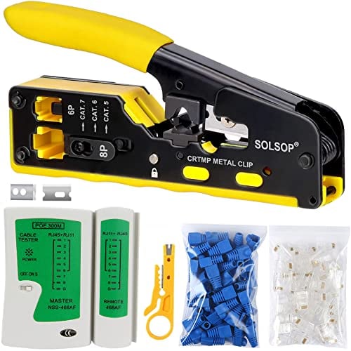 Solsop Pass Through RJ45 Crimp Tool Kit All-in-One Ethernet Crimper Cat7 Cat6 Cat5 Crimping Tool with Network Cable Tester, 50-Pack Cat6 RJ45 Pass Through Connector, 50-Pack Connector Boots