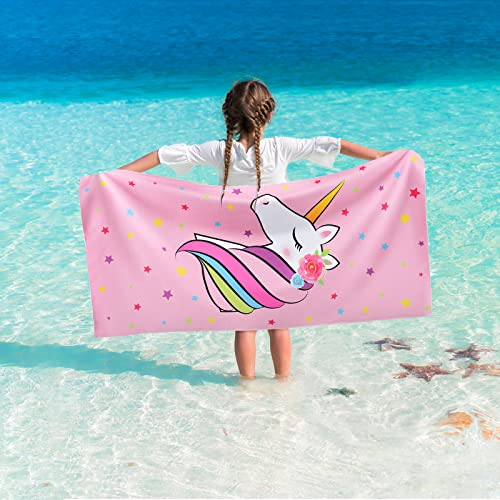 WERNNSAI Unicorn Beach Towel - 30 x 60 Pink Polyester Camping Towels for Girls Kids Quick Dry Ultra Absorbent Super Soft Beach Blanket Pool Travel Swimming Bath Shower Towel