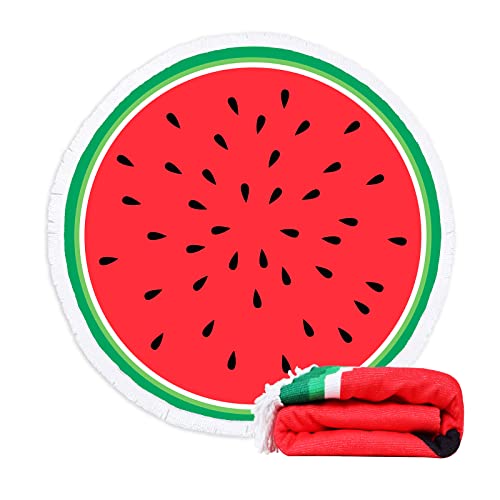Puraville Turkish Round Beach Towel Blanket with Tassels,60''X60'' Soft Absorbent Microfiber Large Sand Free Quick Dry Beach Blanket for Men and Women Travel Swimming,Pool,Giant Watermelon