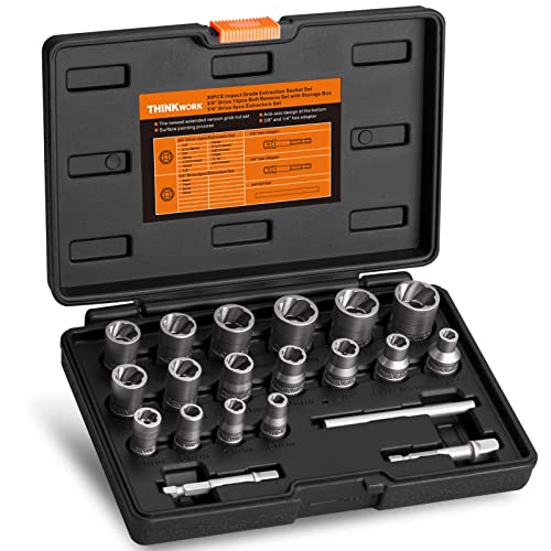 THINKWORK Upgrade Bolt Extractor Set, 20 Pieces Impact Bolt & Nut Remover Set, Stripped Lug Nut Remover, Extraction Socket Set for Removing Damaged, Frozen, Rusted, Rounded-Off Bolts, Nuts & Screws