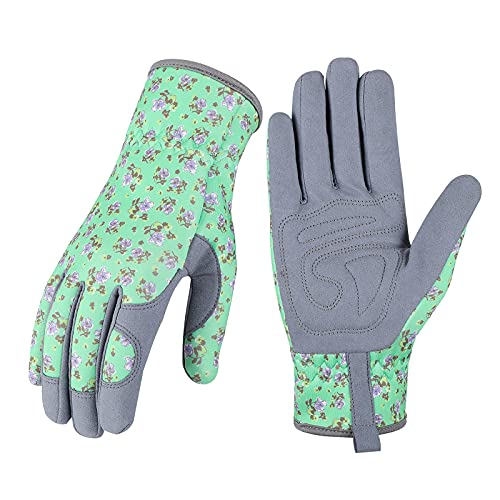 Bamllum Leather Gardening Gloves for Women - Working Gloves for Weeding, Digging, Planting, Raking and Pruning (Green)