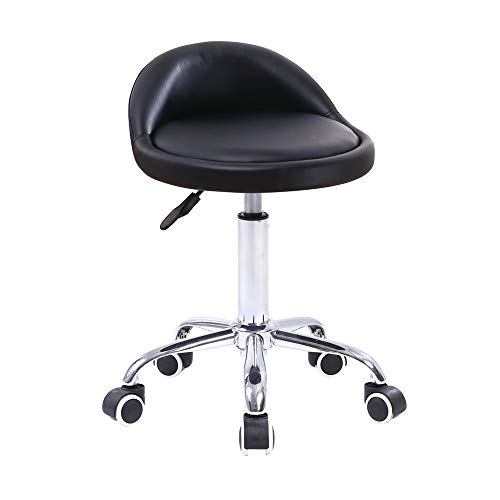 KKTONER PU Leather Round Rolling Stool with Back Rest Height Adjustable Swivel Drafting Work SPA Task Chair with Wheels Black