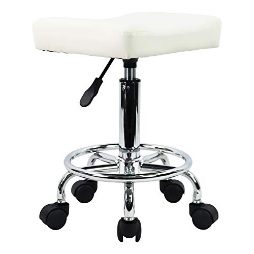 KKTONER Square Rolling Stool PU Leather Height Adjustable Swivel Massage SPA Salon Stools Task Chair with Footrest (White)