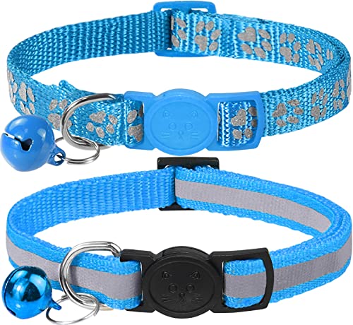 Taglory Reflective Cat Collars Breakaway with Bell, 2 Pack Girl Boy Pet Kitten Collar Adjustable 6-8 Inch, SkyBlue