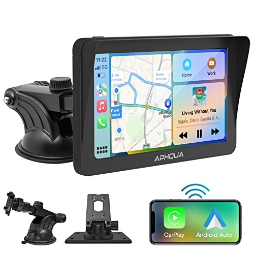 APHQUA A2 Newest Portable Wireless Apple CarPlay and Android Auto Car Radio Stereo with Sunshade, 7 inch IPS Touchscreen Bluetooth 5.0 Hands Free Call, Mirror Link/GPS/Siri for All Vehicles & Trucks