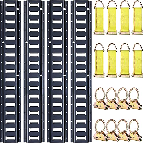 Trekassy 8ft E Track Tie Down Rail Kit, Powder-Coated Steel E-Track TieDowns with 8 Steel O-Ring Anchors and 8 Rope Tie Offs for Truck Bed, Trailers