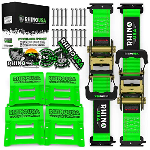 Rhino USA Wheel Chock Tie Down Kit (1,986lb Break Strength) Ultimate Heavy Duty Trailer Tire Straps System for ATV, UTV, Lawn Mower & More - Ratchet Tie Downs Accessories with E Track for Four Wheeler