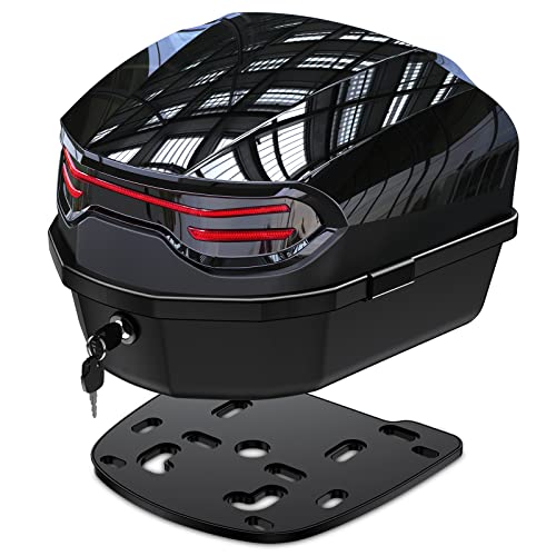 LESANM 35L Motorcycle Top Case, Motorcycle Daily Tail Box Trunk Lockable Storage Carrier Plastic Case with Soft Backrest Universal Mounting for Helmet Luggage, Waterproof Motorcycle Top Box - Black
