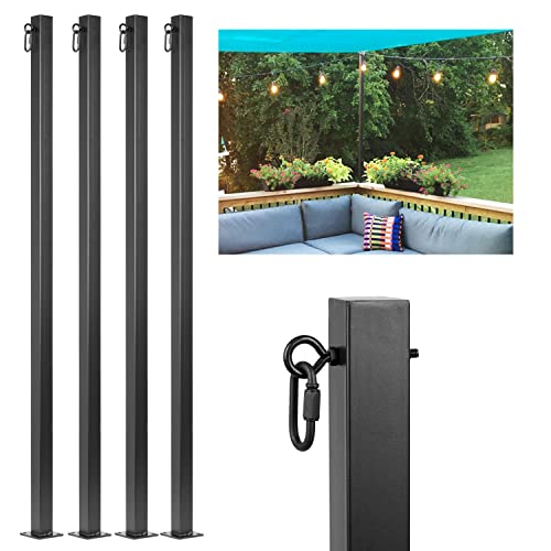 Meruzy String Light Poles 4 Pack - Outdoor Metal Posts with Hooks for Hanging String Lights - Garden, Backyard, Patio Lighting Stand Mounted on Brick Wall, Concrete Wall and Wood Top Rail