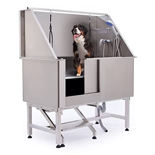 SNUGENS 50" Dog Washing Grooming Station for Home, Professional Stainless Steel Pet Dog Bathtub for Large Dogs, Dog Shower Tub, Dog Wash Sink, Pet Bathing Station with Sprayer Stairs 260 lb. Capacity