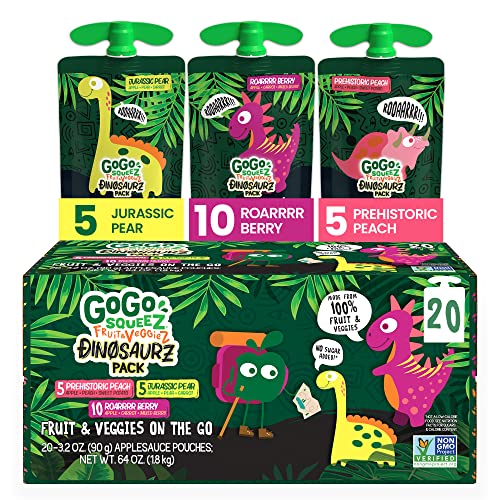 GoGo squeeZ Fruit & veggieZ Variety Pack, Jurassic Pear, Roarrrr Berry & Prehistoric Peach, 3.2 oz (Pack of 20), Unsweetened Snacks for Kids, No Gluten, Nut & Dairy, Recloseable Cap, BPA Free Pouches