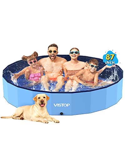 VISTOP Jumbo Foldable Dog Pool, Hard Plastic Shell Portable Swimming Pool for Dogs Cats and Kids Pet Puppy Bathing Tub Collapsible Kiddie Pool (87inch.D x 15.7inch.H, Blue)