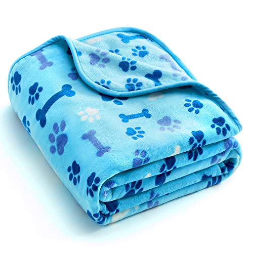 Allisandro Luxurious Dog Blanket, 350 GSM Super Fuzzy Microplush Fleece Pet Blankets for Small Medium Large Dogs and Cats, Blue Paw and Bone, 32" x 24"