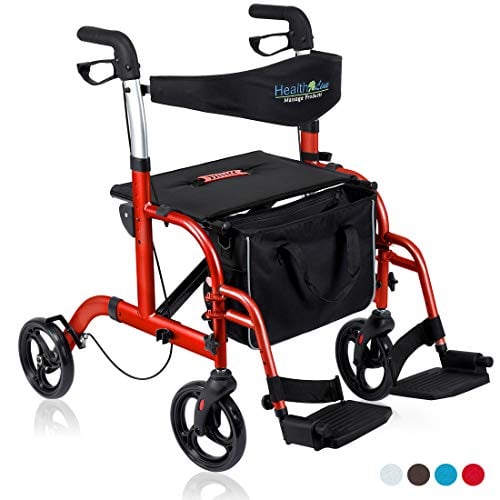 Health Line Massage Products 2 in 1 Rollator-Transport Chair w/Paded Seatrest, Reversible Backrest and Detachable Footrests, Cherry Red