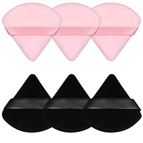 Pimoys 6 Pieces Powder Puff Face Makeup Sponge Soft Velour Triangle Powder Puffs for Loose Powder Body Powder Cosmetic Foundation Beauty Sponge, Stocking Stuffers Gift for Women (Black, Pink)