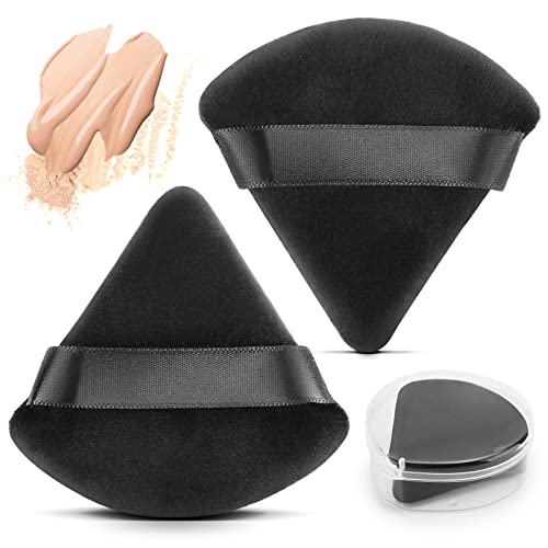 Hiyotec Powder Puff Triangle Makeup Puff for Face, Soft Velour Powder Puffs for Loose Setting Powder, 2 Pieces Puffs with Case, Under Eye Foundation Blender Wedge Beauty Makeup Tools (Black)