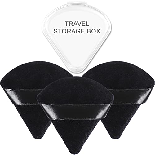 Yrarbil 3 Pieces Triangle Powder Puff, Soft Velour Puff Face Makeup Puff for Loose/Body/Mineral Powder, Wet and Dry Dual-use, with Travel Storage Box (Black)