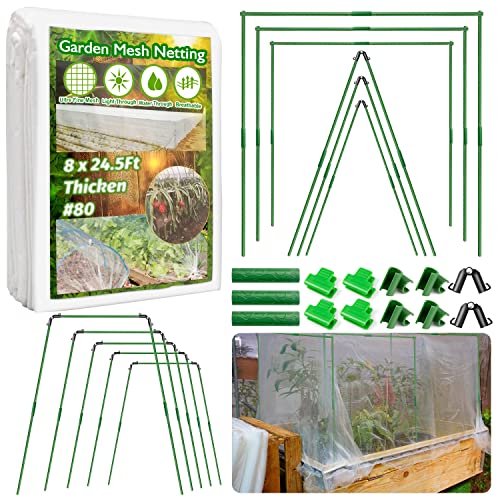 Auksay 105Pcs Garden Netting Set,8 x24.5 Ft Garden Netting Pest Barrier,DIY 40Pcs Greenhouse Garden Hoops,3 Types 45pcs Connectors for DIY Building Connection,Garden Mesh Netting Kit with Plant Cover