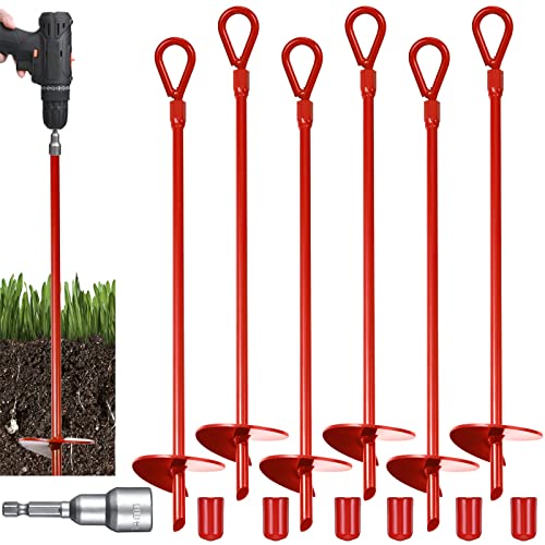 18 Inch Long Ground Anchor Kit, 3 Inch Wide Helix, Heavy Duty Earth Augers Solid Steel Shaft with Drill Bit for Tents, Swing Sets, Securing Animals, Canopies, Trampoline, Sheds Red, 6 Pcs