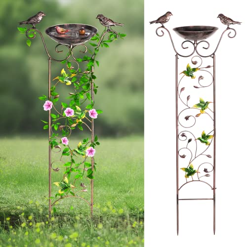 Bird Bath with Trellis for Climbing Plants Outdoor, Free Standing Detachable Garden Bird Feeder Bowl Bird Baths for Outdoors Antique Iron (Hummingbird)