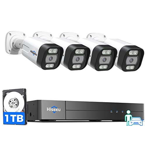 [Person Vehicle Detection] Hiseeu 4K PoE Security Camera System,8 Ports 16CH PoE NVR with 4Pcs 5MP IP Security Camera for Outdoor, Waterproof,Smart Detection/Playback,1TB HDD,Home Surveillance Kits