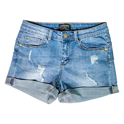 HOCAIES Women's Juniors Mid Rise Jean Shorts Folded Hem Denim Shorts for Women (4, 02 Light Denim)