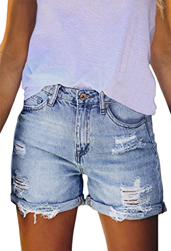 HUUSA Teens Girls Fashion Ripped Denim Shorts Empire Waist Distressed Jean Shorts for Women Casual Unique Frayed Short Jeans with Pockets Blue XL