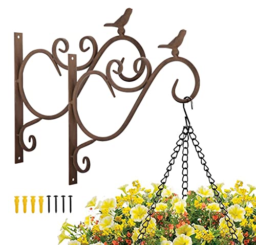 Lewondr Wall Hanging Plant Bracket, 2 Pack 12-inch Retro Iron Metal Wall Dcor Shepard Hook Lantern Wall Hanger for Hanging Plant Flower Bird Feeder Planter Indoor Outdoor, Bird 01 - Retro