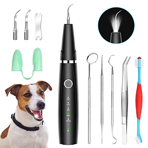 Ultrasonic Dog Teeth Cleaning Kit for Pet Teeth Cleaning, Dog Plaque Remover for Teeth, 5 Modes Dog Tartar Remover for Teeth Care to Remove Stains Calculus, 10 in 1 Pet Cleaner Toothbrush (Black)