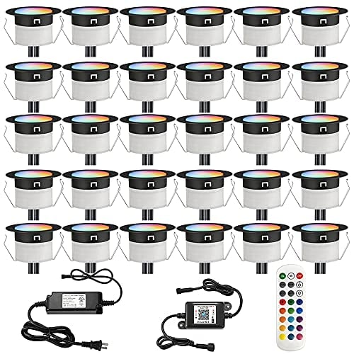 FVTLED LED Deck Lights Kit, 30pcs 1.22 WiFi Smart Phone Control Low Voltage Recessed RGBW Deck Lighting Waterproof Outdoor Yard Path Stair Decor, Black