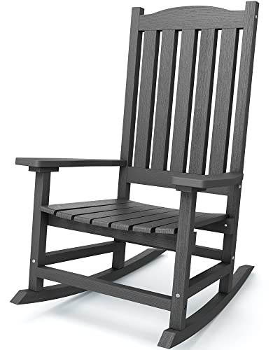 SERWALL Patio Rocking Chair, Oversized Porch Rocker for Adults, All Weather Resistant Rocking Chair for Patio Lawn Garden, Grey