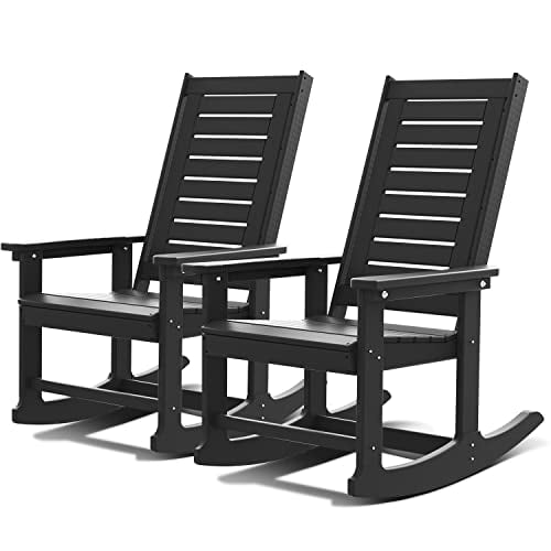 GREENVINES Outdoor Rocking Chairs Set of 2, HDPE All-Weather Porch Rockers, Oversized Plastic Rocker w/High Back for Outside Indoor Living Room Backyard Balcony Garden, Support 400 lbs, Black