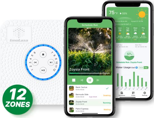 Imolaza Smart Sprinkler Controller Evapotranspiration Master: 12 Zones WiFi Irrigation Controller with Automated Watering and App Control, Save Water Through Rain, Freeze, Wind and Saturation Skip