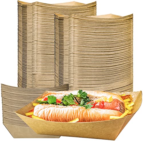 MotBach 100 Pack 3lb Kraft Paper Food Trays, Heavy-Duty Paper Food Boat Disposable Serving Basket Tray for French Fries Nachos Snack Hot Dog Taco BBQ Popcorn Party Picnic Wedding Party (Brown)
