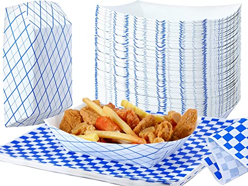 200 Pcs 3 lb Food Trays Bulk Disposable Christmas Nacho Food Boats with Checkered Dry Paper Sheets, 100 Kraft Serving Trays Paperboard Basket,100 Blue White Waxed Deli Paper Liners for Wrapping Taco