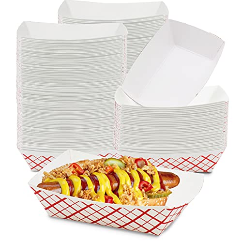 [250 Pack] 2 lb Heavy Duty Disposable Red Check Paper Food Trays Grease Resistant Fast Food Paperboard Boat Basket for Parties Fairs Picnics Carnivals, Holds Tacos Nachos Fries Hot Corn Dogs