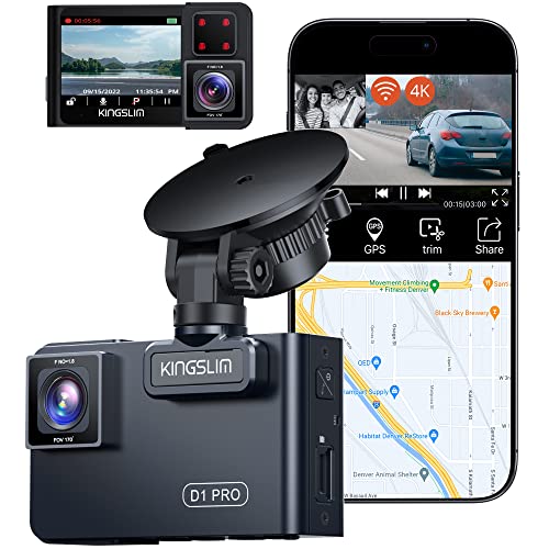 Kingslim D1 pro Dual Dash Cam 4K Record Inside - Front and Inside Dash Camera GPS WiFi for Cars Uber Truck, Dashcam with Infrared Night Vision, G-Sensor, Loop Recording(Upgraded Version)