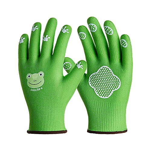 COOLJOB Breathable Toddler Work Gloves for Gardening Boy Girl Ages 2-4 Small, 100% Jersey Nylon Kids Garden Gloves with Grip, Children Yard Gloves for Digging Weeding Landscaping, Green Frog, 1 Pair