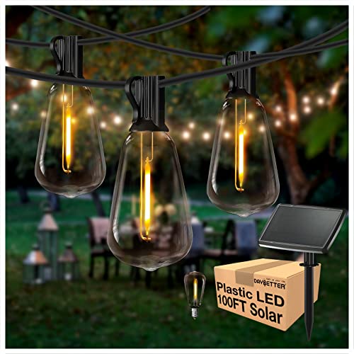 DAYBETTER Solar Powered LED Outdoor String Lights 100FT, Dimmable Hanging Waterproof Patio Lights with 24 Bulbs, Shatterproof Porch Backyard String Lights for Outside - Soft White Light (100 FT-ST38)