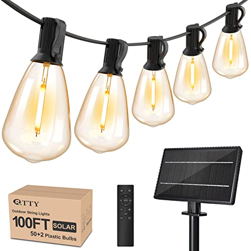 RTTY Solar String Lights Outdoor Waterproof 100ft with Remote and 52 Edison Bulb,Dimmable&Shatterproof,ST38 Solar Powered String Lights for Outside,Patio,Porch