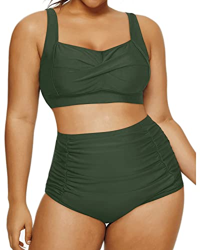 Daci Women Plus Size Bikini High Waisted Green Vintage Twist Front Tummy Control Two Piece Swimsuits 18 Plus