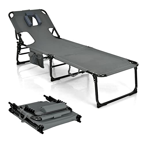 Giantex Beach Chaise Lounge Chair, Patio Folding Lounger with Face Cavity Hole, Detachable Pillow, Arm Slots, Storage Pouch, Portable Tanning Chair for Poolside Adjustable Sunbathing Chair(1, Gray)